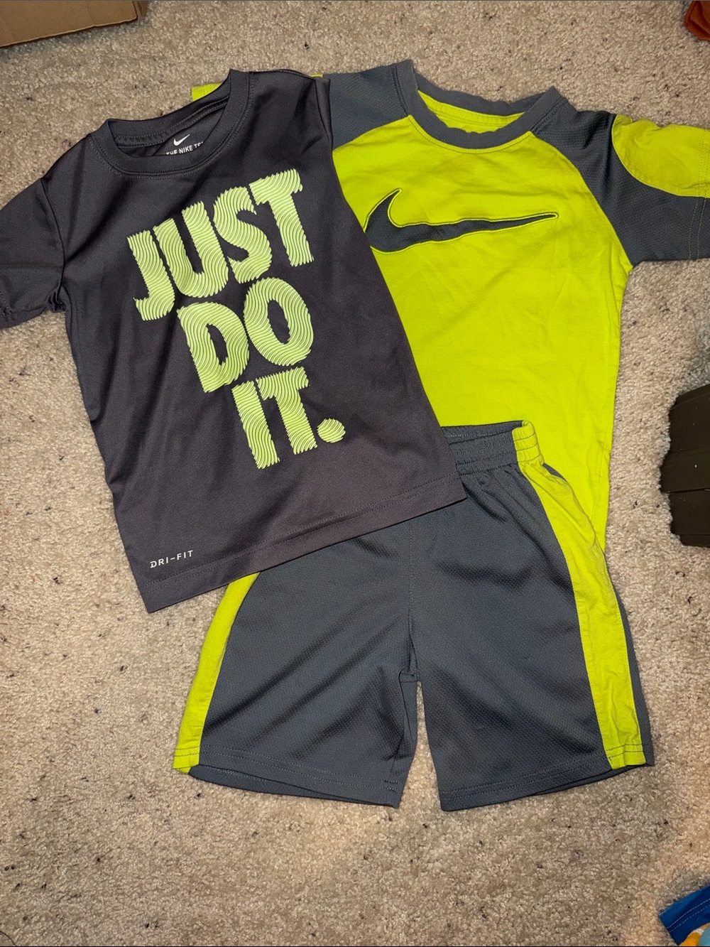 4T Nike Gray and Neon Short Sleeve Tees with matching shorts.